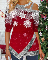 Topp med snöflingor och asymmetrisk fåll